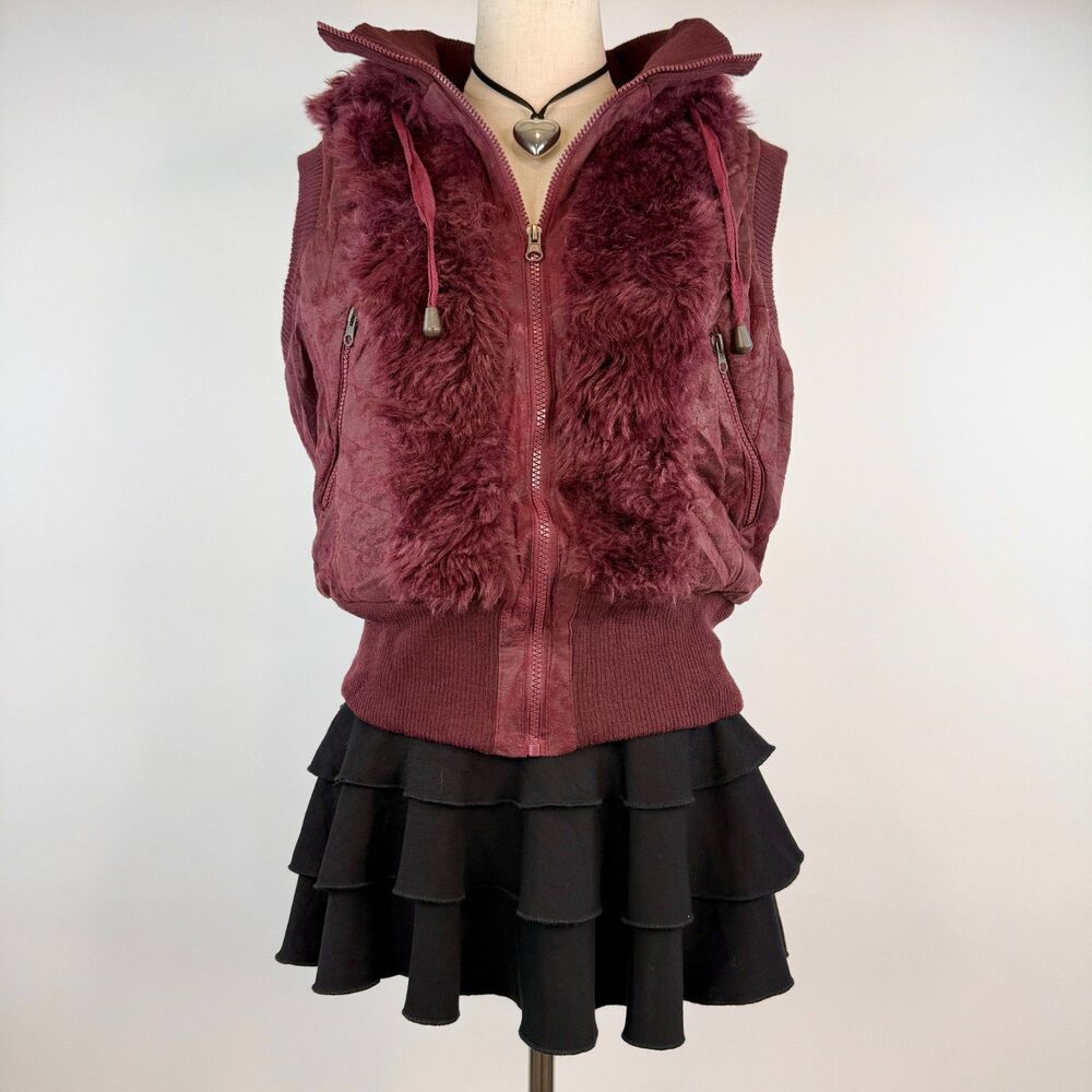 Burgundy Chunky Hooded Vest w/ Faux Fur Detailing Zip Up Y2K Size XL